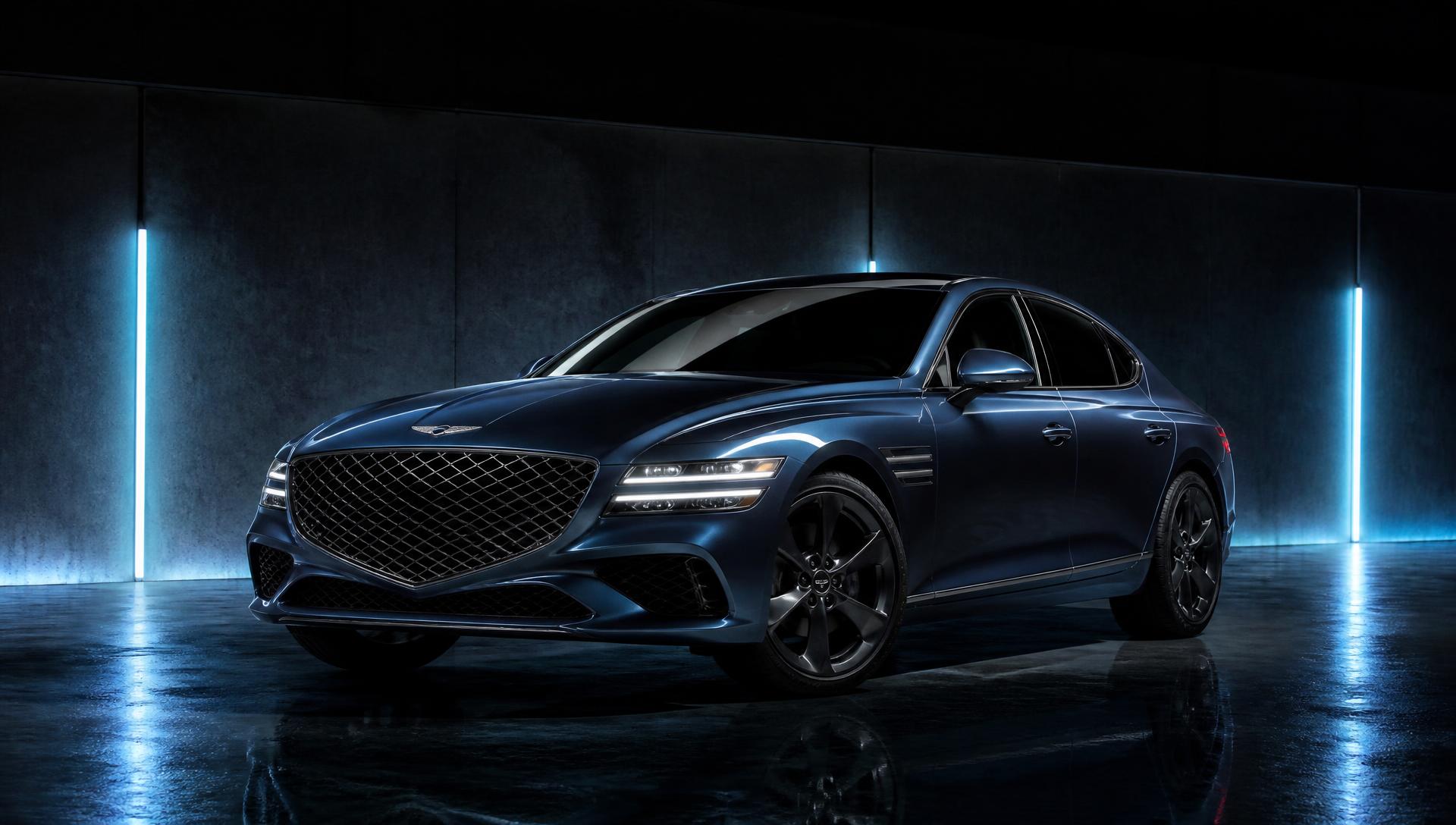 Auto sportiva scura illuminata in showroom